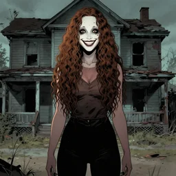 artgerm, joshua middleton comic cover art, pretty full body serial killer maika monroe creepy smiling, full body, symmetrical eyes, symmetrical face, long curly brown hair, standing in front of an abandoned house background