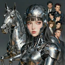 portrait girl face metal cyborg armor and metal horse by gaston bussiere, anna nikonova aka newmilky, greg rutkowski, yoji shinkawa, yoshitaka amano, tsutomu nihei, donato giancola, geoffroy thoorens, concept art, trending on artstation, featured on pixiv