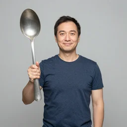 man holding giant spoon saying only a spoonful