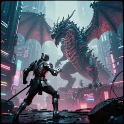 futuristic knight fighting off a giant dragon in the middle of a cyberpunk neon city, wide - angle, photographed on colour expired film, detailed photograph