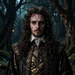 portrait of mournful, dangerous, mysterious James Frain's  Cromwell as a king of the fairy forrest. The background is a dark, creepy eastern europen forrest.  night, horroristic shadows, high contrasts, photorealistic, detailed, lumnious, theatrical, character concept art by ruan jia, thomas kinkade, and J.Dickenson, trending on Pinterest