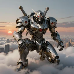 biblical mecha daemon sitting, dynamic pose, in clouds over a city, sunset, big eyes, portrait by mikhail vrubel, studio lighting, muted colors, by frank frazetta, extreme detail, reflections, trending on artstation, 8 k