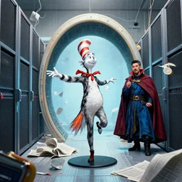 the third first image on the scattered absurdity server, dr seuss, and dr strange, very pretty, photorealistic, portal hopping and time warping with reckless abandon, by Greg rutkowski, Jacek Yerka, Dan Mumford