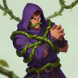 fantasy character illustration of a man in a purple hood struggling against a green vine wrapped tight around the man's face, trending on artstation, digital art ( by brad rigney ) ( by greg rutkowski ) ( by artur treffner )