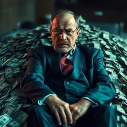full body portrait of viktor orban sitting on a huge pile of money, movie still from breaking bad, hyper realistic, - c 5