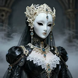 a beautiful gothic cyborg with a porcelain mask, black leather garment with art nouveau ivory accessories, dressed in white intricate lace and jewels, ethereal, misty, cyberpunk, darksynth, luxury, concept art by zeen chin, extremely detailed, artstation, andree wallin, edvige faini, alphonse mucha, 8 k, unreal engine 5