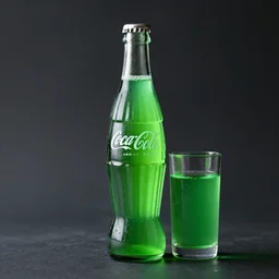 product photo still of a long slender coca cola style bottle filled with green glowing liquid with a glass filled with green glowing liquid next to it, 8 k, 1 0 0 mm f 1. 4