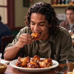 tony hawk eating buffalo chicken wings at central perk from friends tv show, soft lighting, super detailed