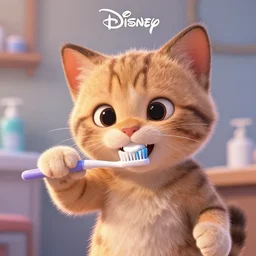 a kitten brushing teeth with a toothbrush and toothpaste, pixar render, character animation movie poster disney