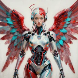a beautiful painting a portrait of cyborg angel, symetrical scene, symetric character, wires, trending in artstation, octane render, red and cyan, 8 k, by peter mohrbacher, zaha hadi