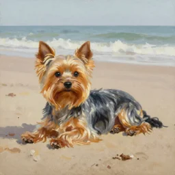an oil painting of a yorkshire dog lounging on the beach