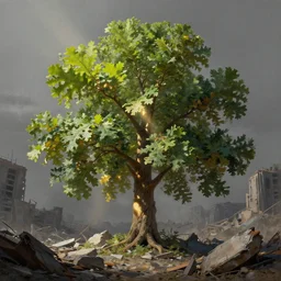 oak tree growing in the rubble of a post - apocalypse city wasteland, gray dull background, colorful green leaves, hyperrealistic, very detailed leaves, sharp focus, highly detailed, cinematic, single ray of golden sunlight shinging on the tree, digital art, soft lightning, oil painting by greg rutkowski