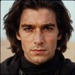 Jodorowky's Dune movie, Paul Atreides, full length portrait, face in focus, symmetrical face, symmetrical eyes, cinematic, cinestill 400t film