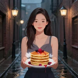 a portrait in a dark laneway, a woman holding pancakes, streetlamps, after the rain, berries dripping, scientific instruments, ikebana, octopus, neo - expressionism, surrealism, acrylic and spray paint and oilstick on canvas