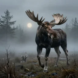 tall dark moose in creepy foggy bog dali elephant style walking toward a light