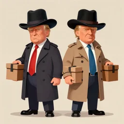 poster matte shaded illustration of two donald trump and donald trump wearing trench coats and big black spy hats carrying boxes starring in spy vs spy