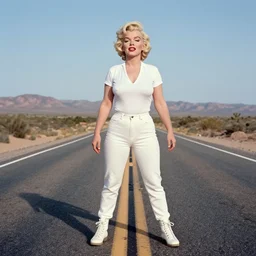 marilyn monroe and astronaut walking across highway in arizona