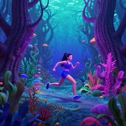 80s vaporwave outrun 3d Render of deep sea forest, liminal space retro, grainy, noisy