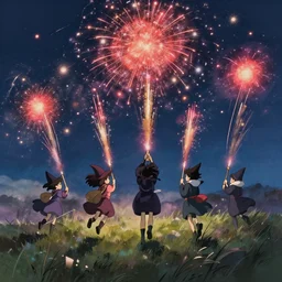 young witches flying above a field launching fireworks into the sky, magical particles in the air, night time, rim light, studio ghibli style, high octane filter, 8 k, highly detailed, digital painting, concept art, matte, art by ruan jia and wlop and greg rutkowski and makoto shinkai, masterpiece