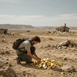 a lowly wanderer searches for gold in the vast post - apocalyptic wasteland