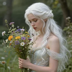 highly detailed ilustration of a beautiful white haired woman as a fairy princess in a garden holding a bunch of wild flowers, deep focus, d & d, fantasy, intricate, elegant, highly detailed, digital painting, artstation, concept art, matte, sharp focus, illustration, hearthstone, art by artgerm and greg rutkowski and alphonse mucha and marco mazzoni