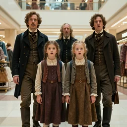 sharp, highly detailed, 8192k film, 3500mm frame still from a sci fi blockbuster color movie made in 2019, a family of four time travelers from 1860 travel in time to 2019, appearing in a shopping mall, looking surprised, the family are all wearing 1860s era clothes, cinematic lighting, in focus, cinematic still, high quality scan, in focus