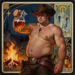 a dramatic, epic, ethereal painting of a handsome thicc shirtless mischievous cowboy beer belly wearing a leather belt offering a jug | background is a late night campfire with food and jugs of  whisky | tarot!! card, art deco, art nouveau, homoeroticism, detailed face, deep moody colors | by Mark Maggiori | trending on artstation