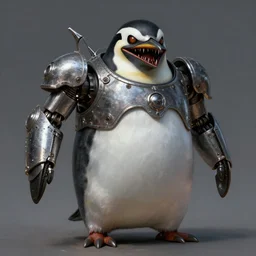 mecha anthropomorphic penguin, horror, sharp teeth, metalic, glowing eyes, Character fantasy concept art, John Singer Sargent, thomas kinkade