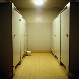 movie still of empty public shower with yellow tiles floor, cinestill 8 0 0 t, by andrei tarkovsky, heavy grain, high quality, high detail, ultra wide lens, cinematic composition, dramatic light, lens flares, anamorphic, trail cam footages