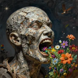 the broken face of psychosis with destructive rage, made of stone and wood, is expels from his mouth multicolored herbs and flowers, conceptual surreal magic realism conceptual art,