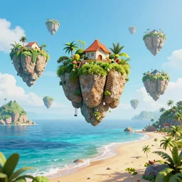 3 d render of many small floating islands up in the sky overlooking a beautiful beach, octane render, unreal engine, vivid colours, trending on art station