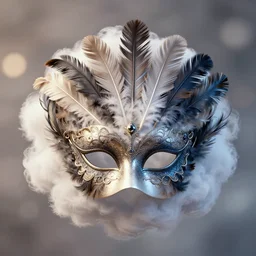 an elaborate intricate mask made of feathers caught is a cloud vortex, rendered in octane, behance hd, bokeh backdrop