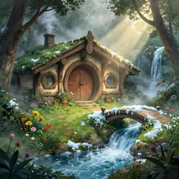 inside a medieval hobbit home, ornate, beautiful, mist, smoke, chimney, rain, waterfall, melting, snow, creek, lush, ice, bridge, forest, flowers, concept art illustration, color page, 4 k, tone mapping, akihiko yoshida, james jean, andrei riabovitchev, marc simonetti, yoshitaka amano, digital illustration, greg rutowski, volumetric lighting, sunbeams, particles, trending on artstation