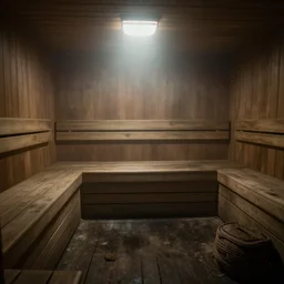 photo of a misty infinite sauna, megalophobia, liminal space, dirty and scary ambiance