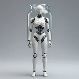 “a full body androgynous posthuman that is a brain in jar cyborg with corrugated arms and a sheet plated body, the eyes and mouth have a bluish emissive hue, rendered with direct inpisration from the original StarCraft and Viking armor, intense vivid lighting”