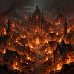 burning town, medieval, hellish, fantasy, digital art