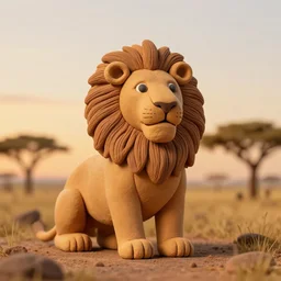 a still scene from king lion made of clay, scene is in the savannah macro, sunset light