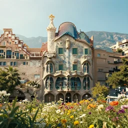 a Metropolis by Antoni Gaudi, with flower fields as foreground, with mountains as background, sunny skies, cinematic, Art station
