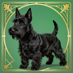a completely black scottish terrier. green with a gold filigree background. art nouveau. masterful, detailed drawing