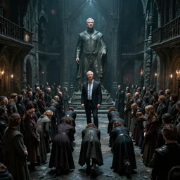 a dark medieval magical city with a crowd of people in the center bowing to a statue of jeff bezos, matte painting, concept art, detailed