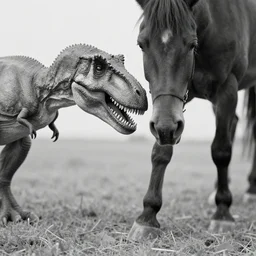 [ [ t rex ] ] and a horse with legs, gentle, hands, walking, soft, black and white photograph, 1 8 5 0 s