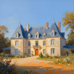 a large serene beautiful matte painting of a quaint french country mansion, by asher brown durand and greg rutkowski, featured on artstation, blue and orange color scheme