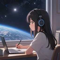 anime lofi girl wearing headphones and studying in front of a window with an epic view of outer space