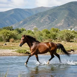 horse passing through river!!, mountains in the background, vegetation, beautiful landscape