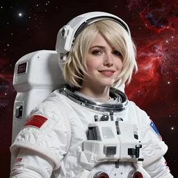highly detailed portrait of a hopeful pretty astronaut lady with a wavy blonde hair, by Barclay Shaw, 4k resolution, nier:automata inspired, bravely default inspired, vibrant but dreary but upflifting red, black and white color scheme!!! ((Space nebula background))