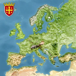 map of the kingdom of almara with the crest of the kingdom in the top left corner, mountains, villages, roads, medieval - fantasy
