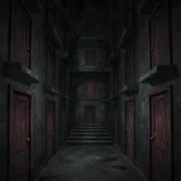 a terrifying dark hallway with many doors and many stairs, impending doom, horror, Mc Escher architecture, epic composition, by Junji Ito