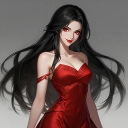a highly detailed illustration of beautiful long hime cut black hair white woman wearing a red dress, red eyes, dramatic smile pose, intricate, elegant, highly detailed, centered, digital painting, artstation, concept art, smooth, sharp focus, league of legends concept art, WLOP