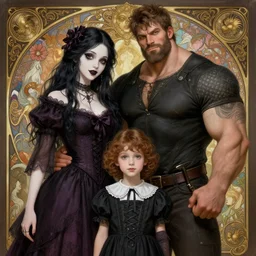 a tall goth girl and a buff handsome man, family photo, cute, intricate, highly detailed, digital painting, artstation, concept art, smooth, sharp focus, illustration, unreal engine 5, 8 k, art by artgerm and greg rutkowski and alphonse mucha
