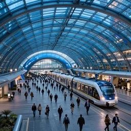 futuristic brussels with futuristic train station under blue glass dome, volumetric light, crowded square, hyperdetailed, artstation, cgsociety, 8 k